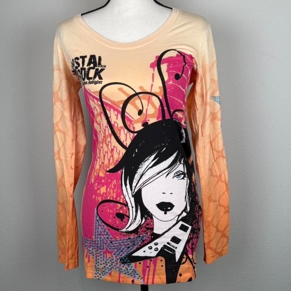 Y2K Deadstock Crystal Rock Graphic Long Sleeve Top / mini dress Size Medium